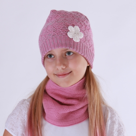 Gray-Pink Hat With Flower, 100% Merino Wool