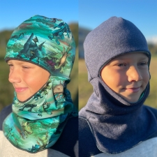 Balaclava, one side 100% merino wool / other side cotton dragons  -6 to +6 °C